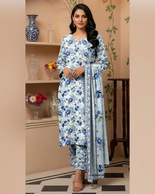 Ice Blue Flora Khaddar 3-Piece