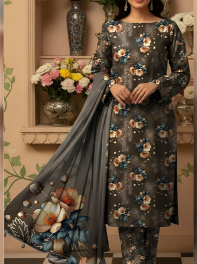 Smoky Blossom Khaddar 3-Piece