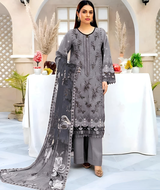 Grey Floral Embroidered 3-Piece Lawn Suit