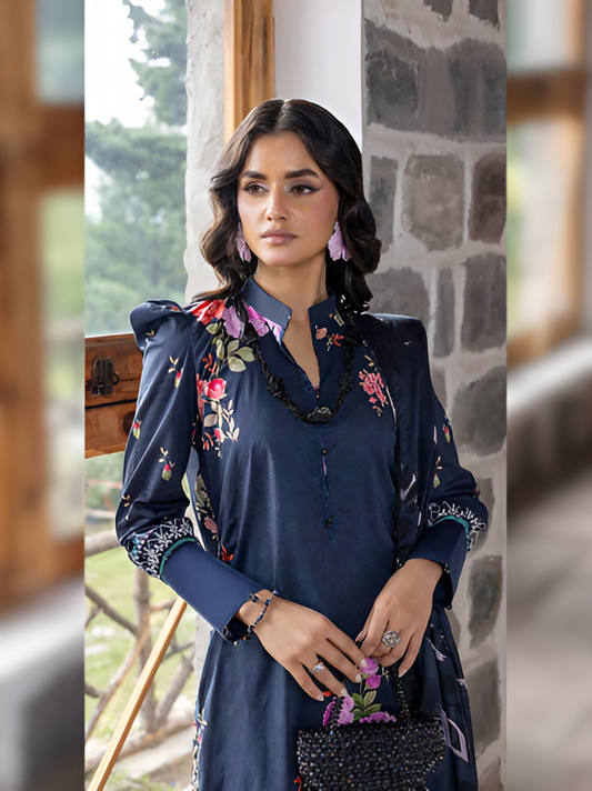 Midnight Blue Floral Embroidered 3-Piece Suit