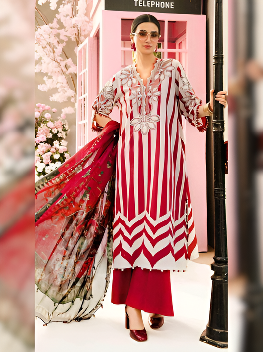 Crimson Stripe Embroidered 3-Piece Suit