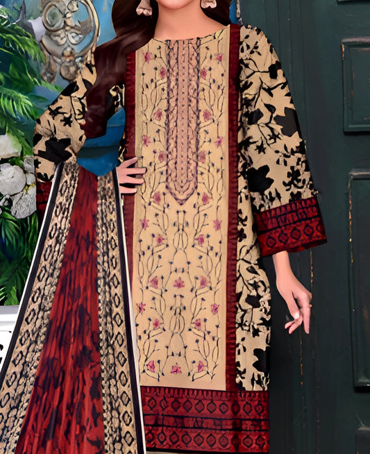 Beige and Maroon Block Printed 3-Piece Suit