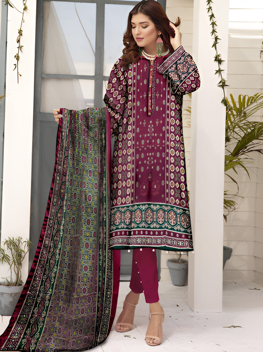 Magenta Ethnic Printed 3-Piece Suit