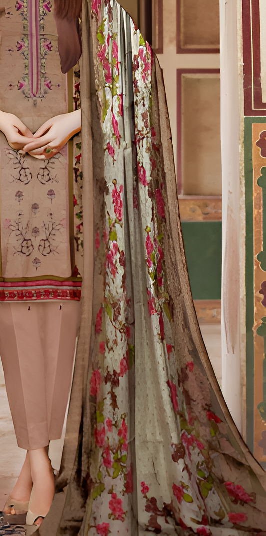 Beige Floral Embroidered 3-Piece Suit