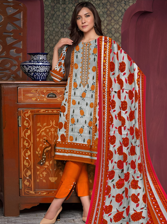 Light Grey and Orange Floral Printed 3-Piece Suit