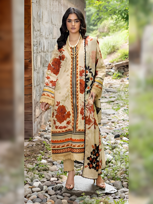 Cream and Rust Floral Printed 3-Piece Suit