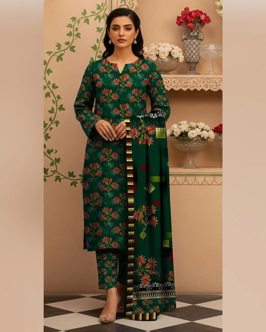 Emerald Bloom Khaddar 3-Piece