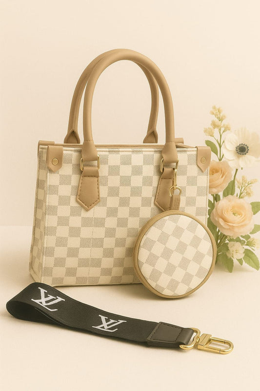 Check Pattern Tote Bag Set – Cream