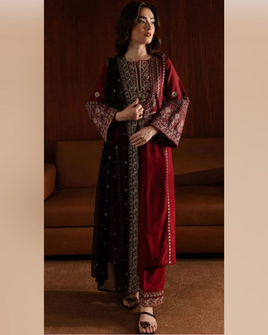 Batik Dhanak 3-Piece Embroidered Suit