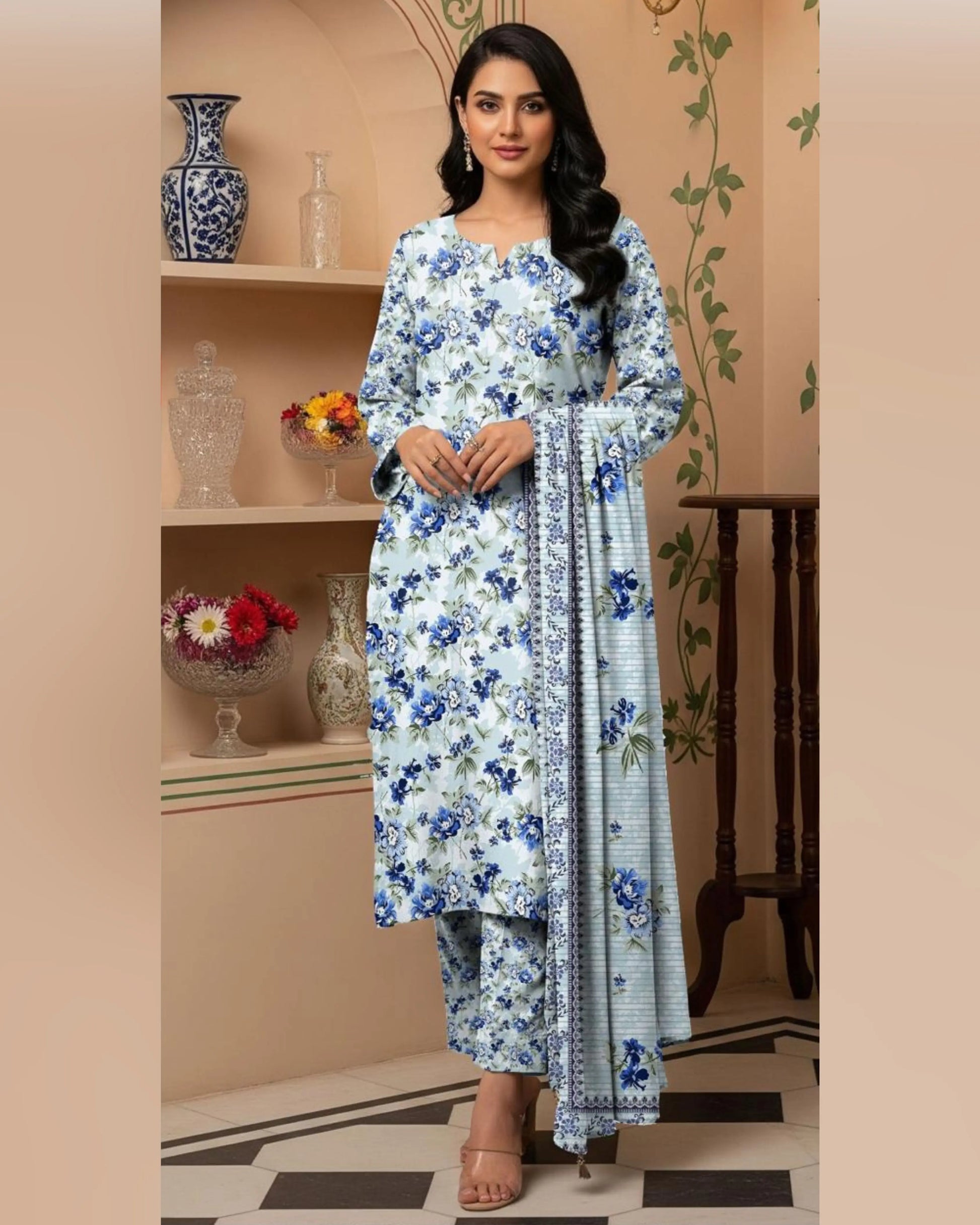 Ice Blue Flora Khaddar 3-Piece
