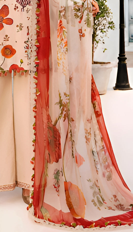 Cream Floral Digital Printed 3-Piece Suit