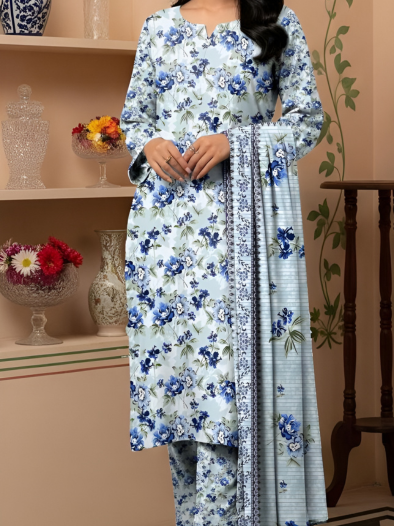 Ice Blue Flora Khaddar 3-Piece