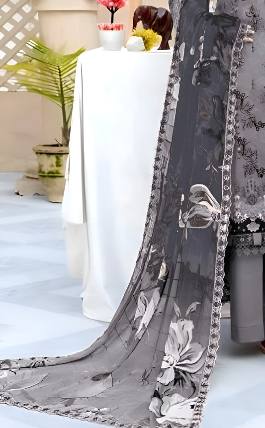 Grey Floral Embroidered 3-Piece Lawn Suit