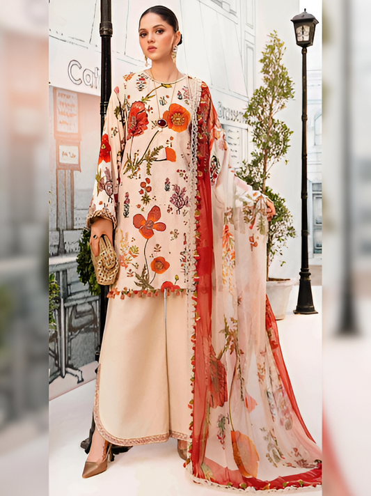 Cream Floral Digital Printed 3-Piece Suit