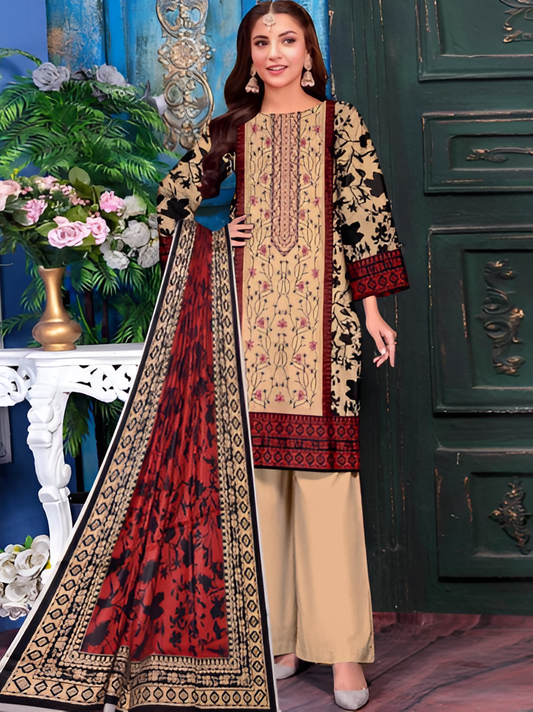 Beige and Maroon Block Printed 3-Piece Suit