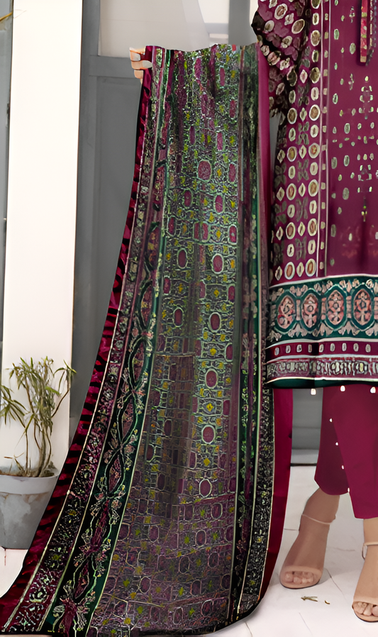 Magenta Ethnic Printed 3-Piece Suit