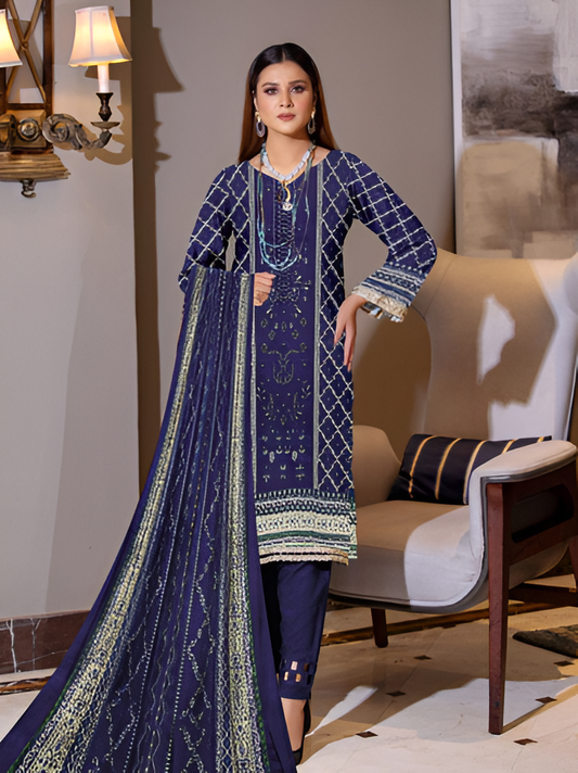 Navy Blue Geometric Printed 3-Piece Suit