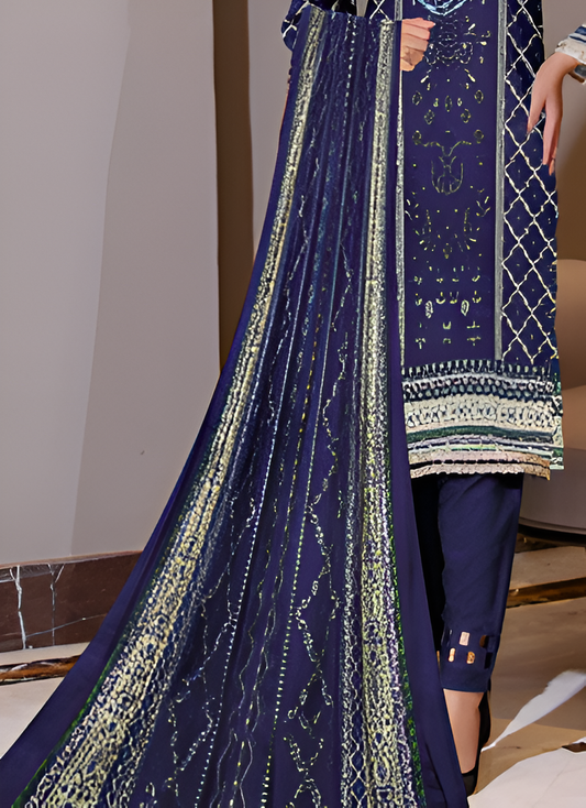 Navy Blue Geometric Printed 3-Piece Suit