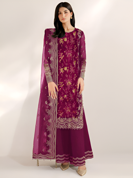 Plum Embroidered Chiffon 3-Piece Suit