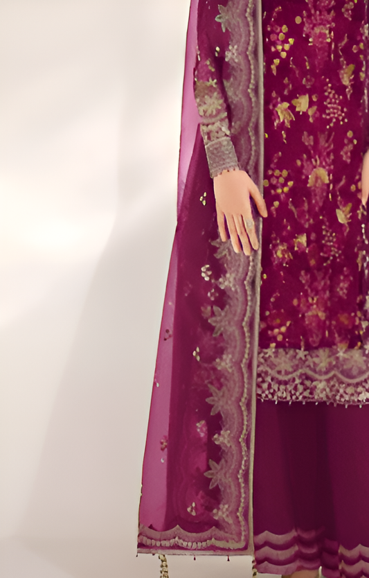 Plum Embroidered Chiffon 3-Piece Suit
