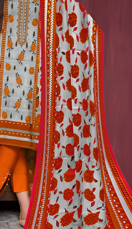 Light Grey and Orange Floral Printed 3-Piece Suit