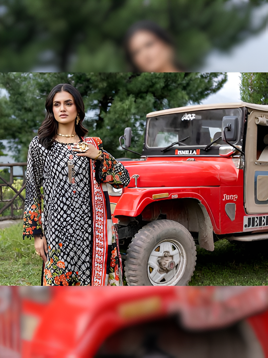 Black and White Printed 3-Piece Suit with Floral Accents