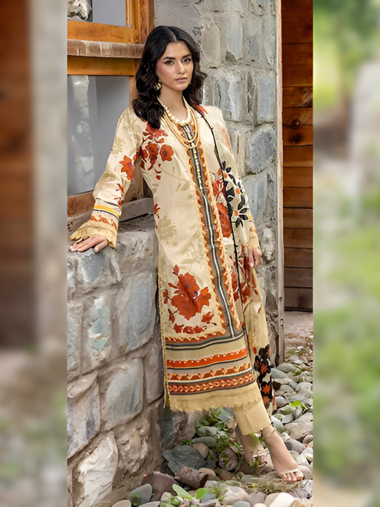 Cream and Rust Floral Printed 3-Piece Suit