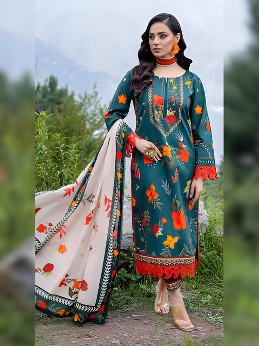 Forest Green Floral Printed 3-Piece Suit