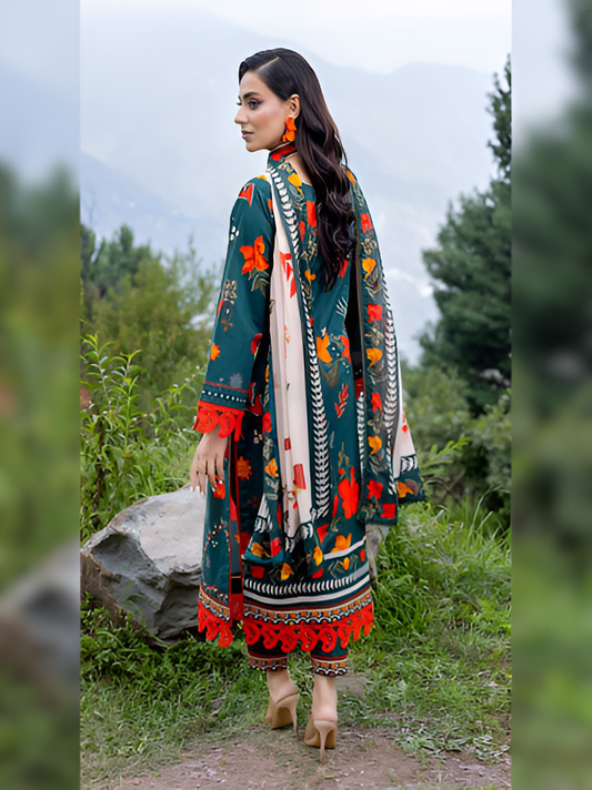 Forest Green Floral Printed 3-Piece Suit
