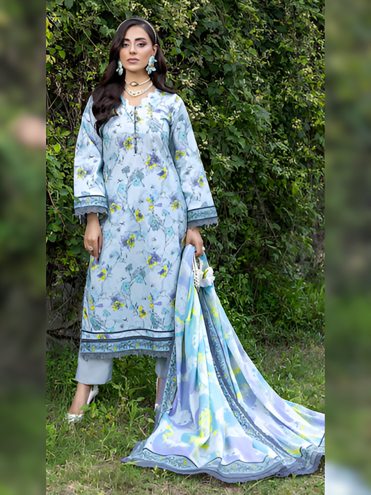 Sky Blue Floral Printed 3-Piece Suit