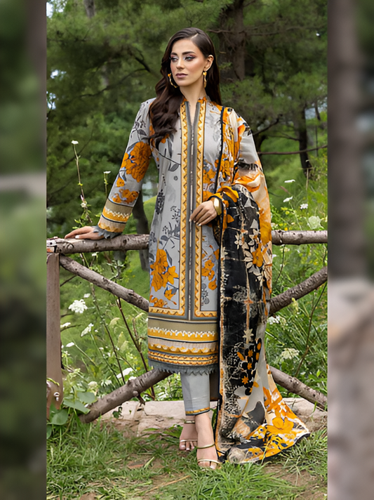 Mustard Grey Floral Printed 3-Piece Suit